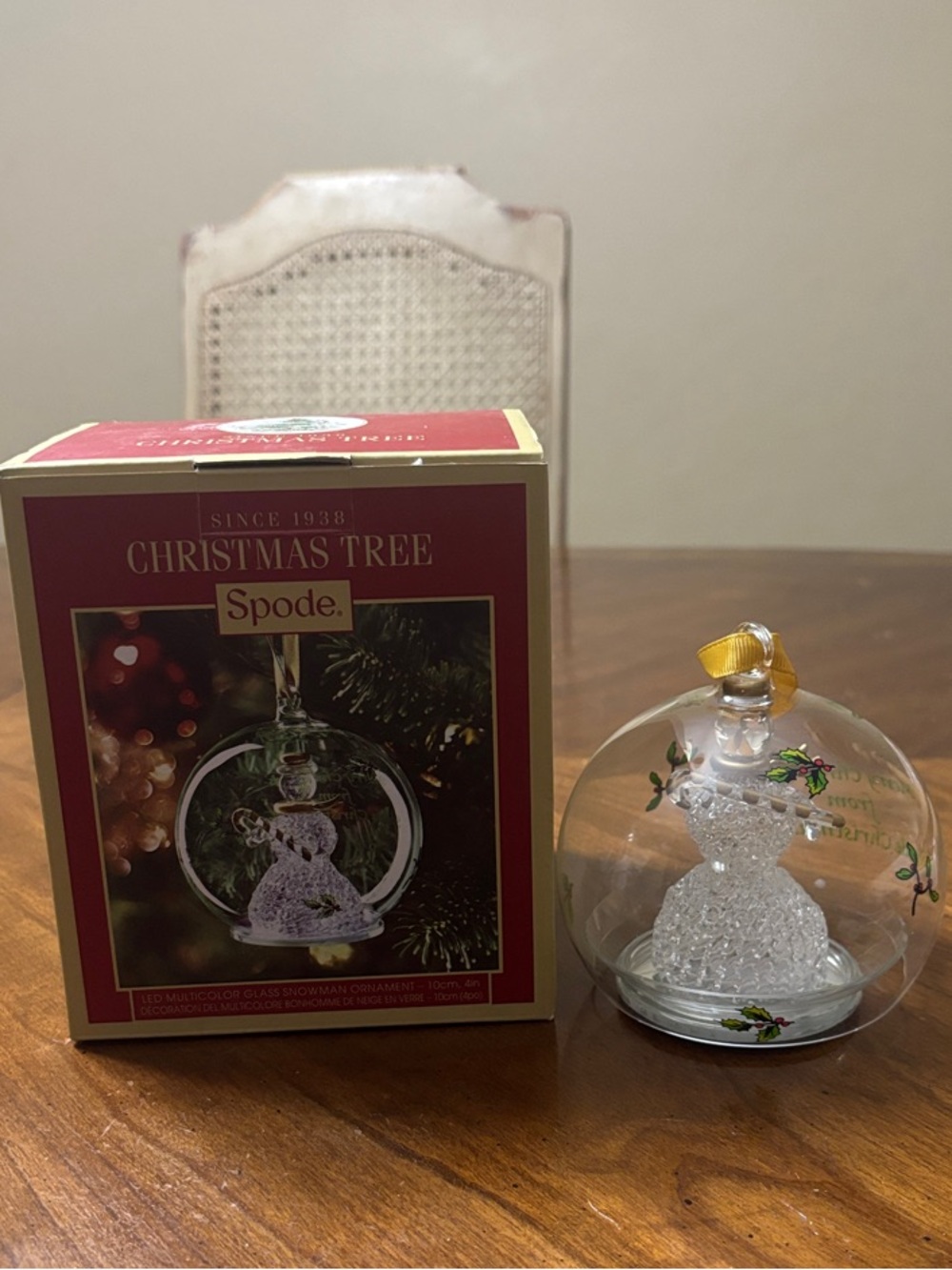 Spode Clear Glass Snowman Ornament with Gold Ribbon and Green Holly Accents